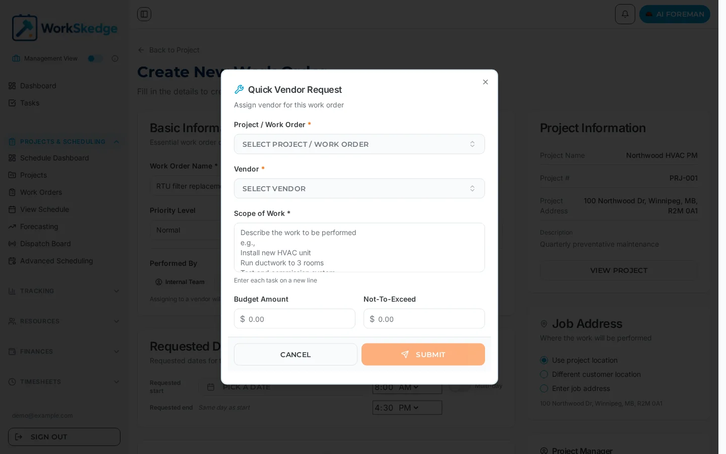 Quick Vendor Request dialog in WorkSkedge with project/work order, vendor, scope of work, budget amount and not-to-exceed fields