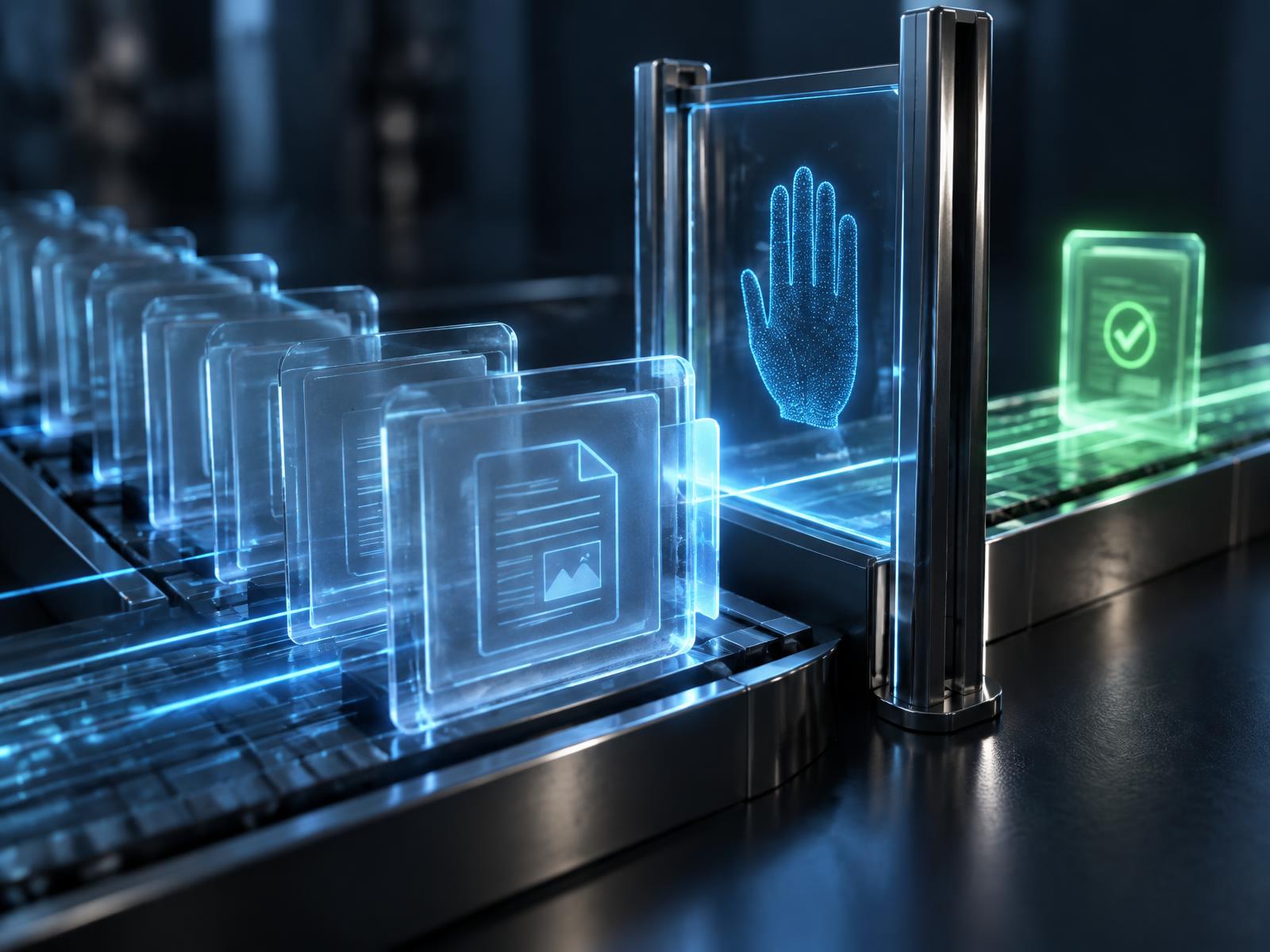 Abstract visualization of an AI draft plan held at a human approval gate before going live