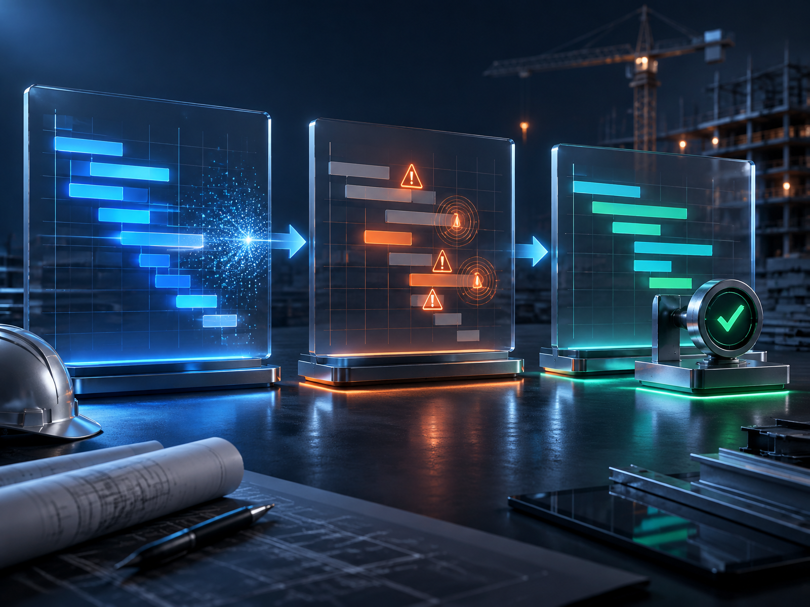 Human-reviewed scheduling flow from an AI-assisted draft through conflict review to an approved crew plan