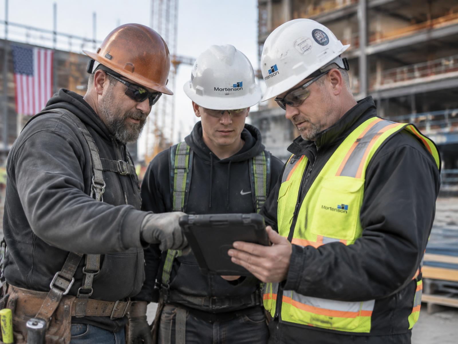 Journeyperson, apprentice, and foreman reviewing the day's plan on a jobsite tablet