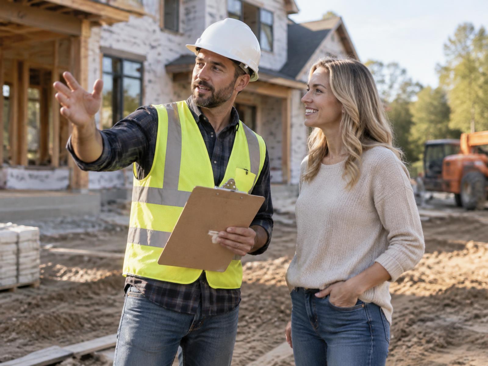 Construction site supervisor discussing project dates with a customer on site