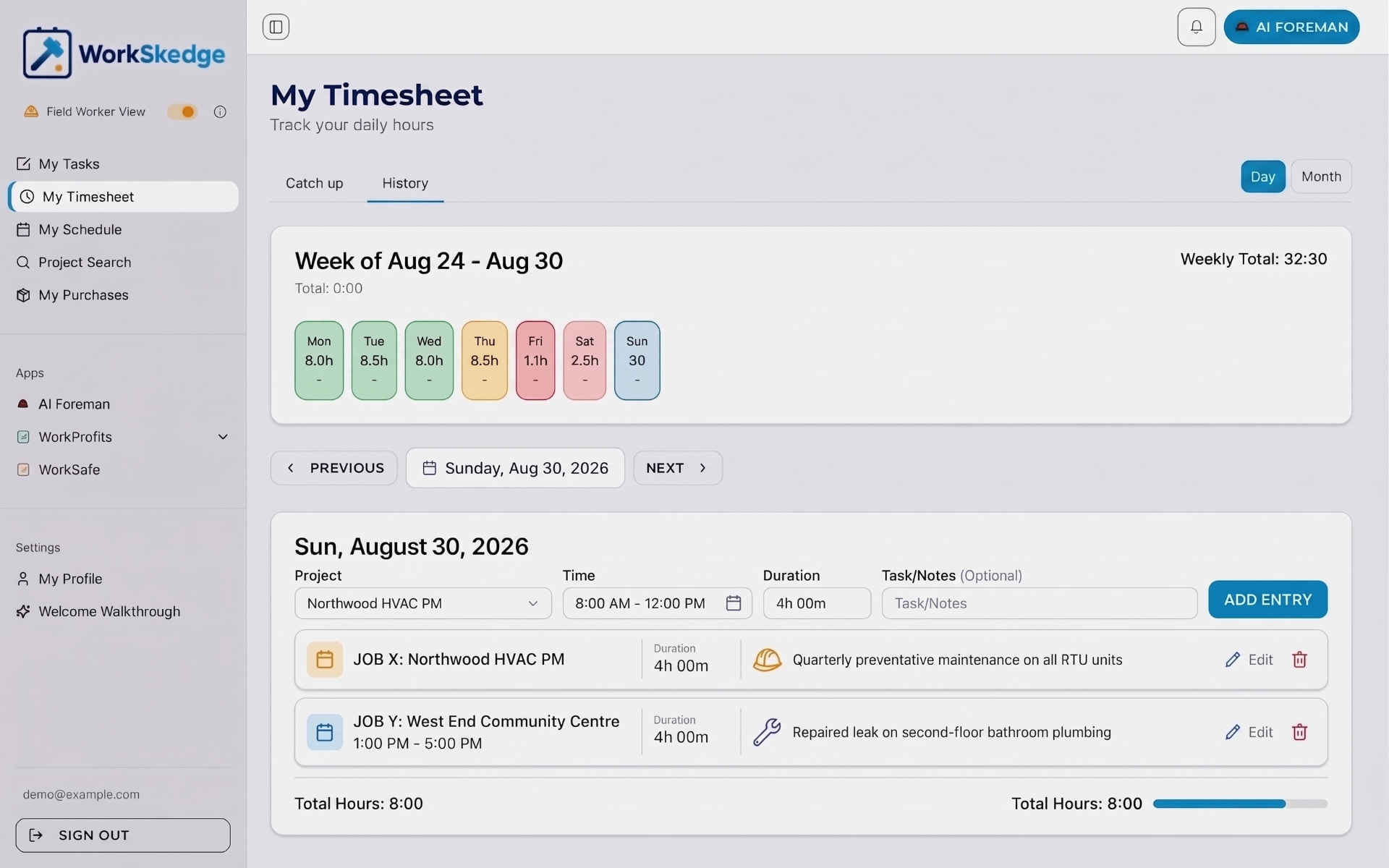 WorkSkedge timesheet history showing submitted and approved time entries by job