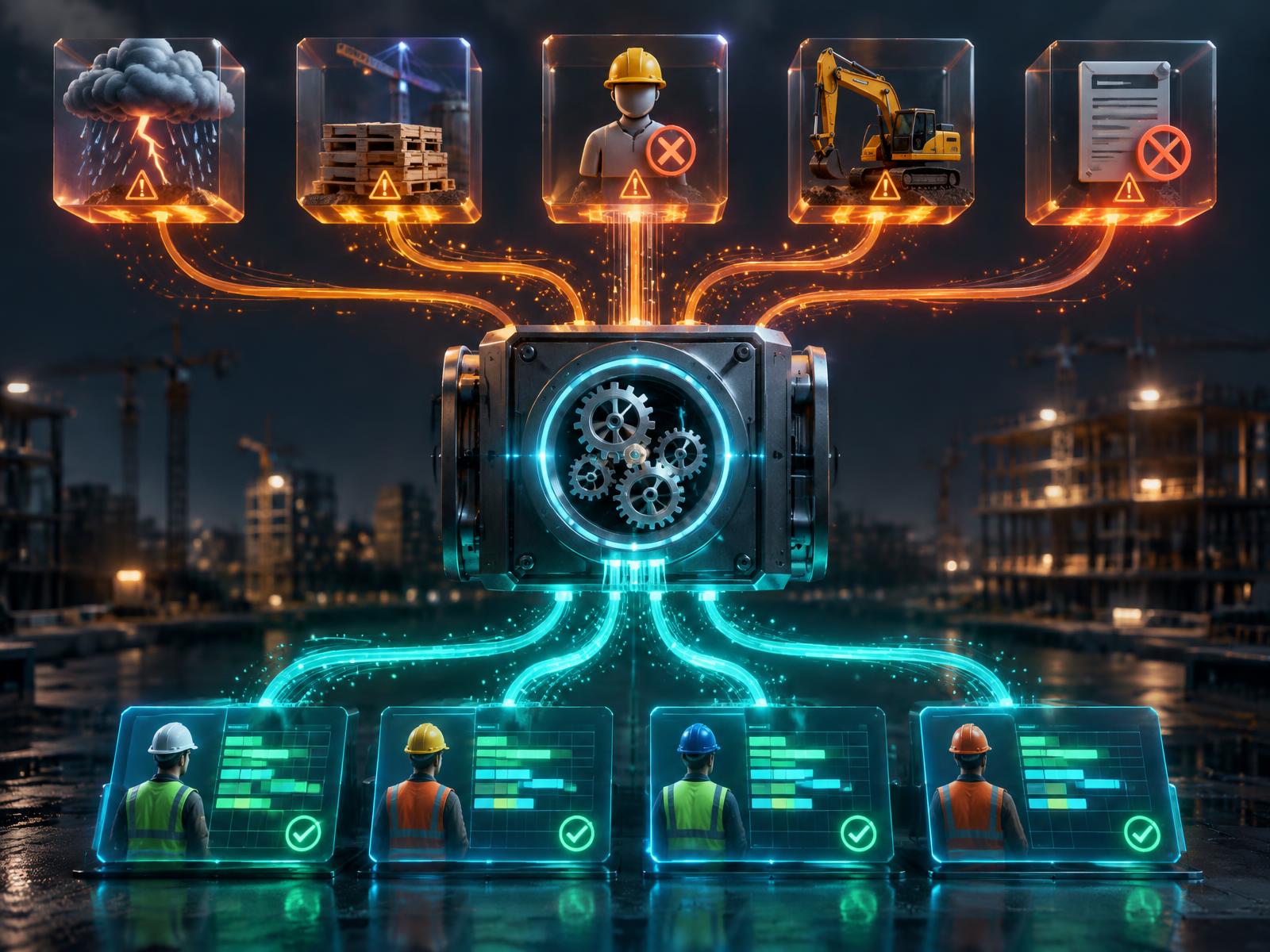 Abstract visualization of weather, material, crew, equipment, and permit disruptions rebuilding a crew plan