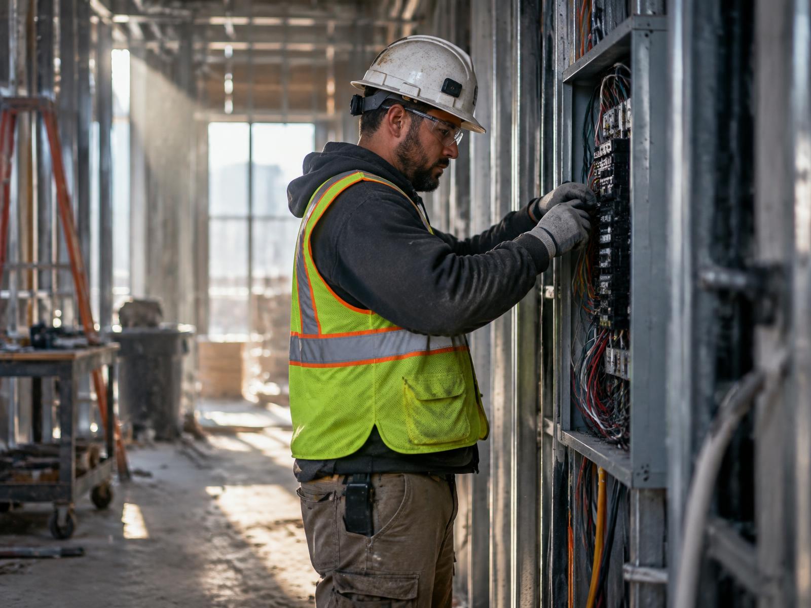 Electrician working at an electrical panel inside an unfinished building