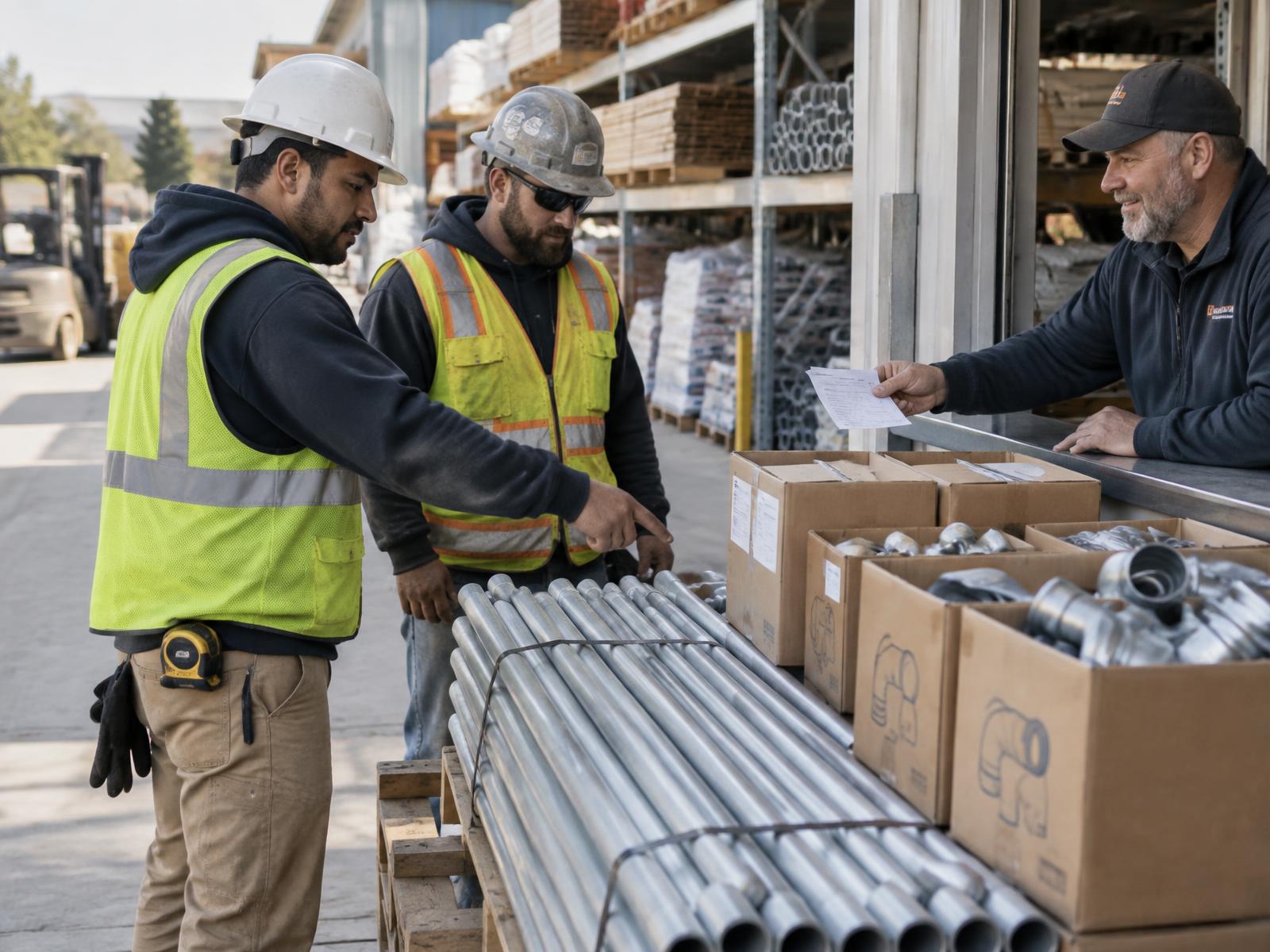 Construction crew checking a material order at a building supply counter