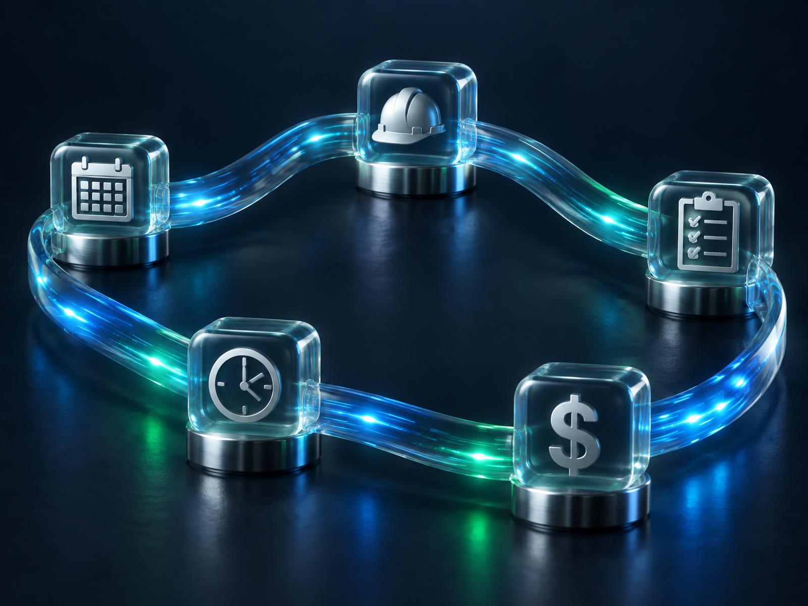 Abstract visualization of scheduling, field work, time, and billing connected in one construction platform