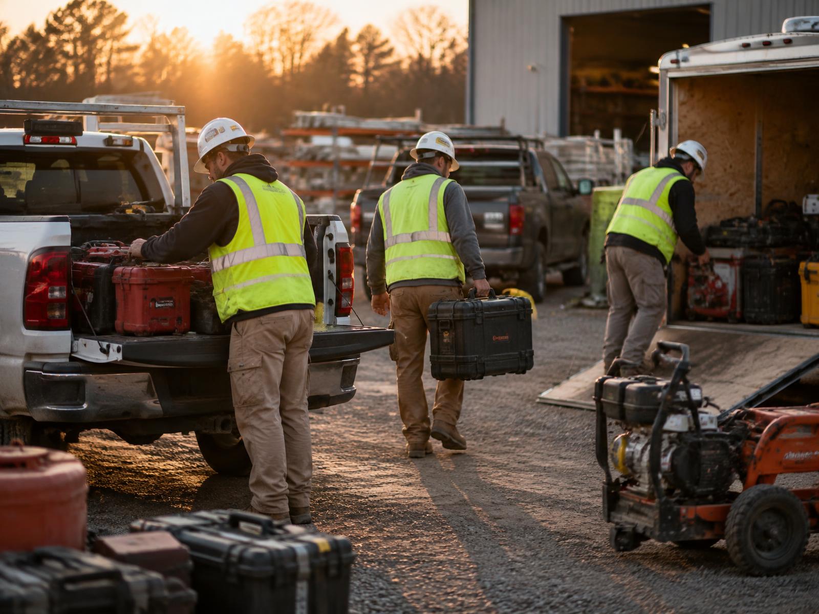 Construction crew loading tools and equipment into trucks at sunrise for a multi-day assignment