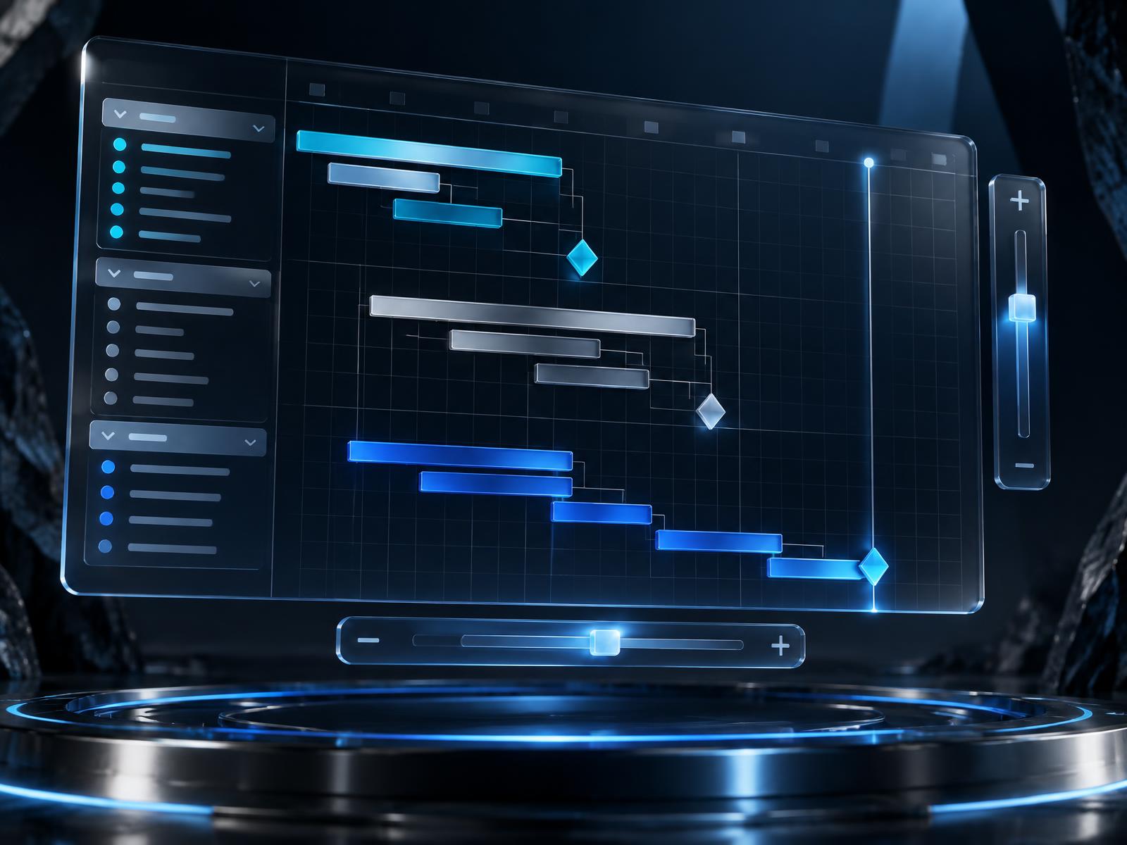 Project timeline concept with milestone markers, grouped task bars, and zoom controls