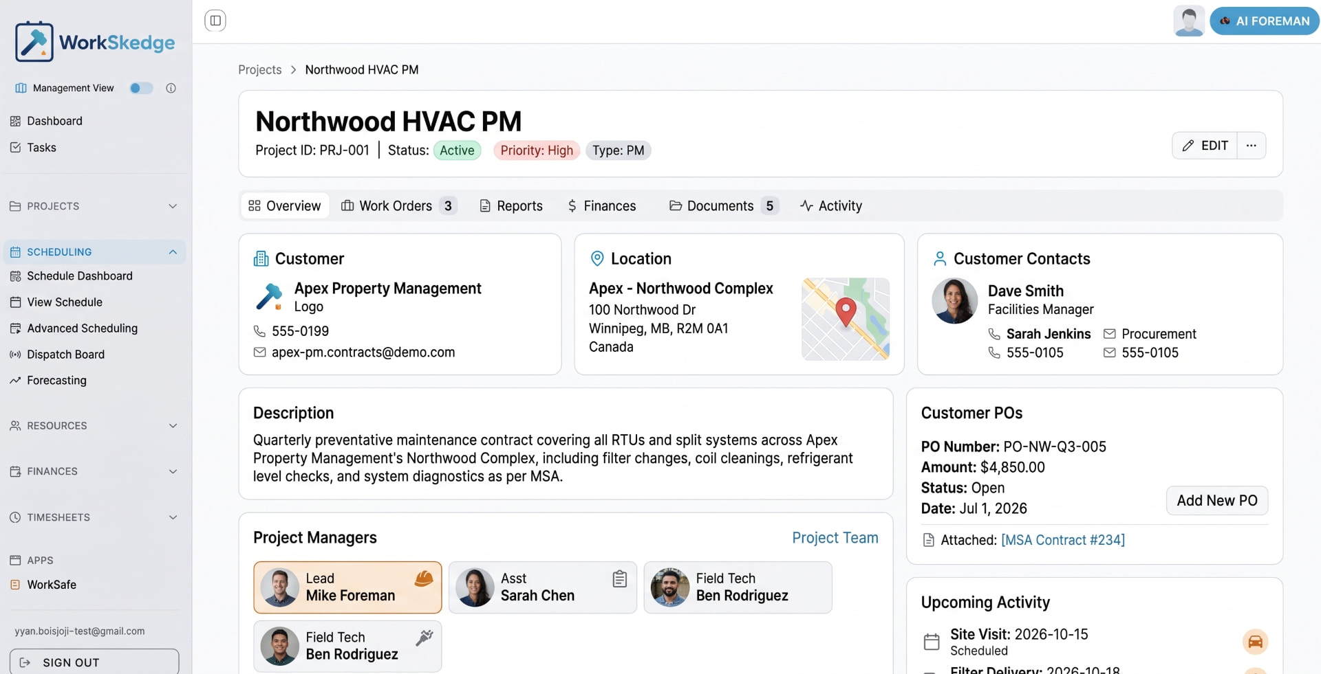 WorkSkedge project overview connecting customer, location, contacts, project managers, finances, documents, and activity