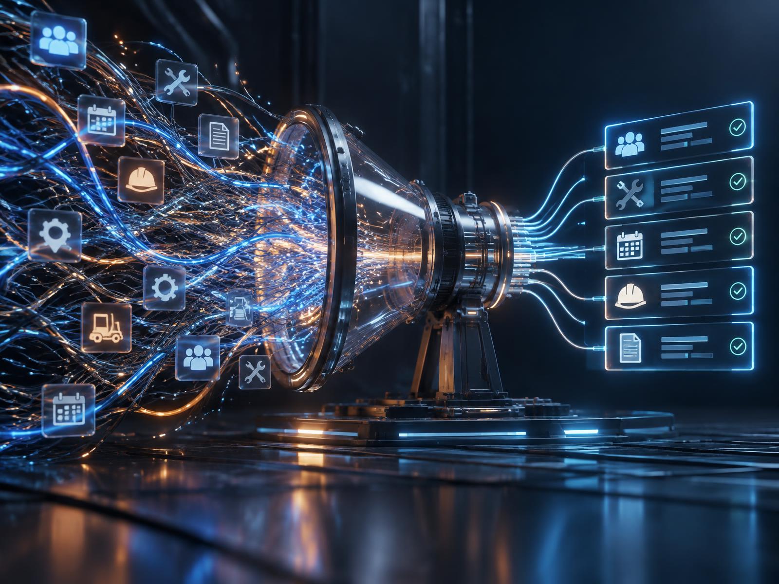 Abstract visualization of crew, job, skill, and date inputs converging into one plan