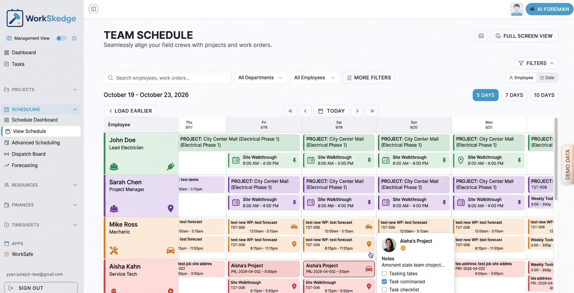 WorkSkedge Team Schedule board showing crew assignments balanced across the week