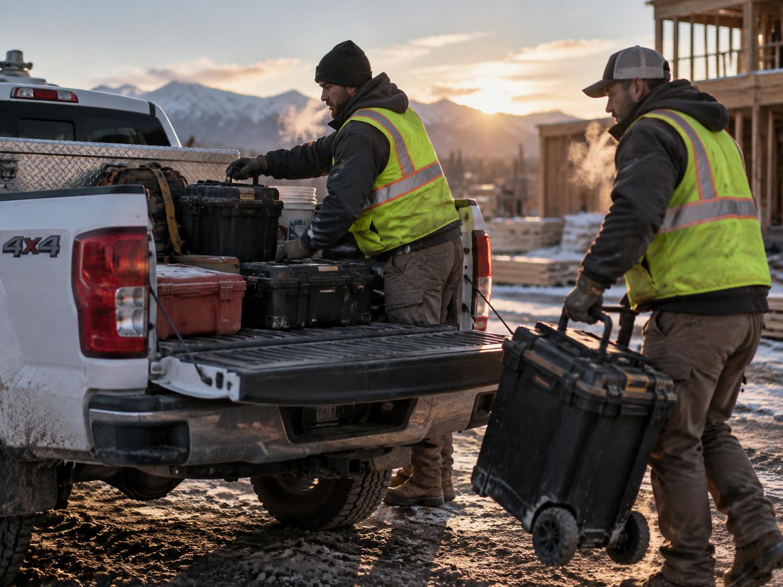 Construction crew loading tools into a work truck at sunrise before a travel job