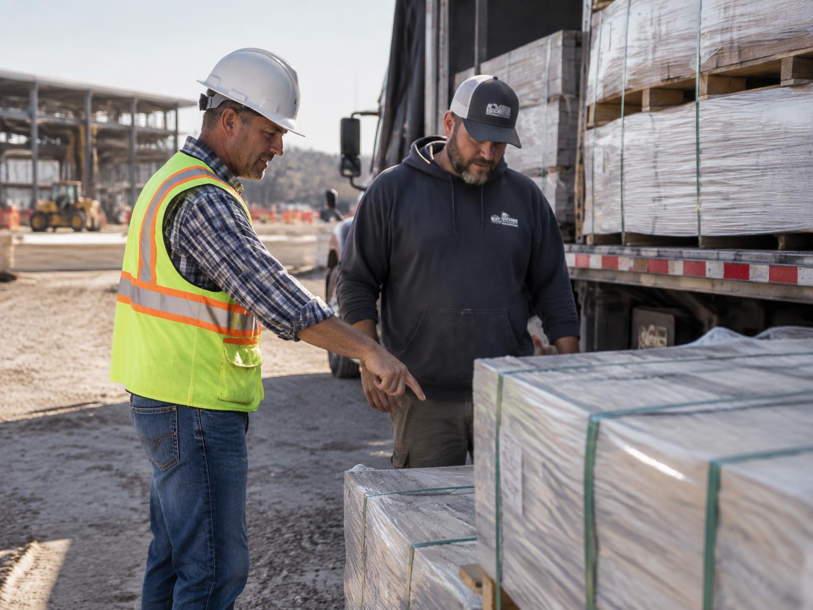 Site supervisor and vendor driver checking a material delivery against the job scope