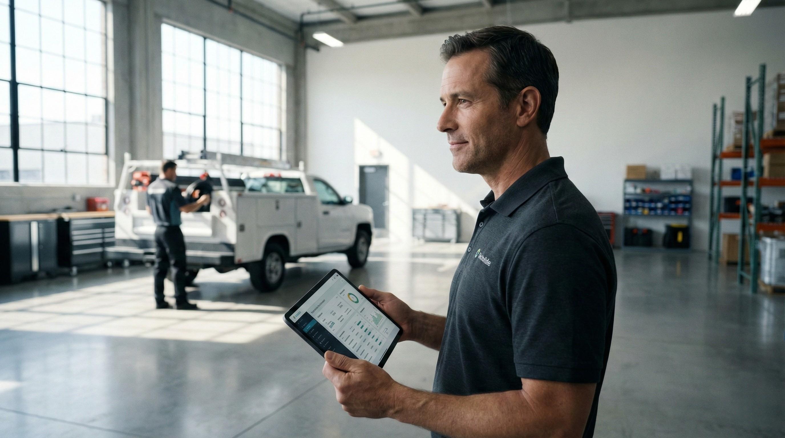 Confident field manager using WorkSkedge tablet in professional workshop