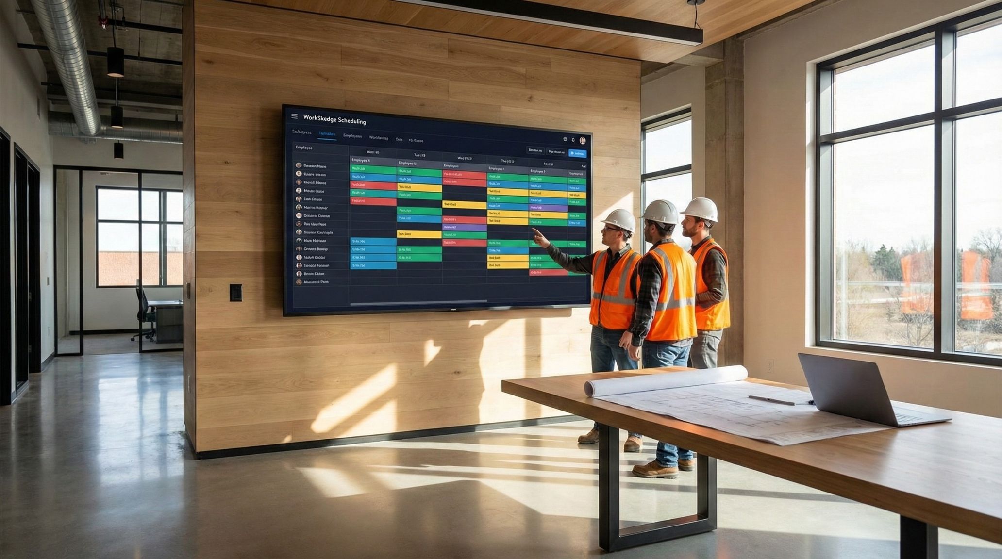 Wall-mounted TV displaying WorkSkedge schedule in modern office